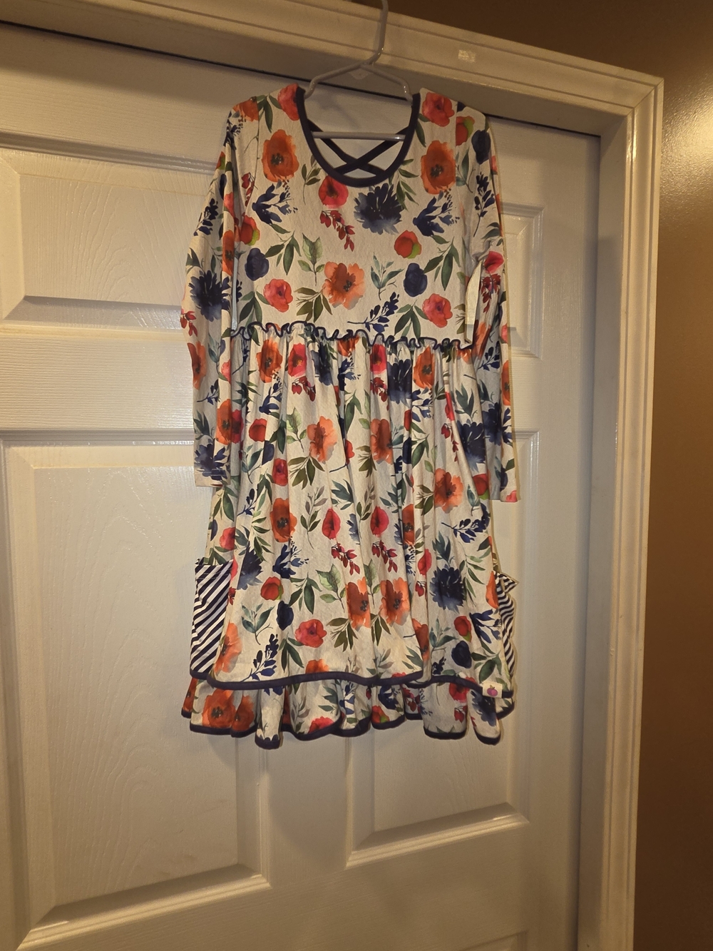 Cream Floral Girls' Dress with Orange & Navy Accents
